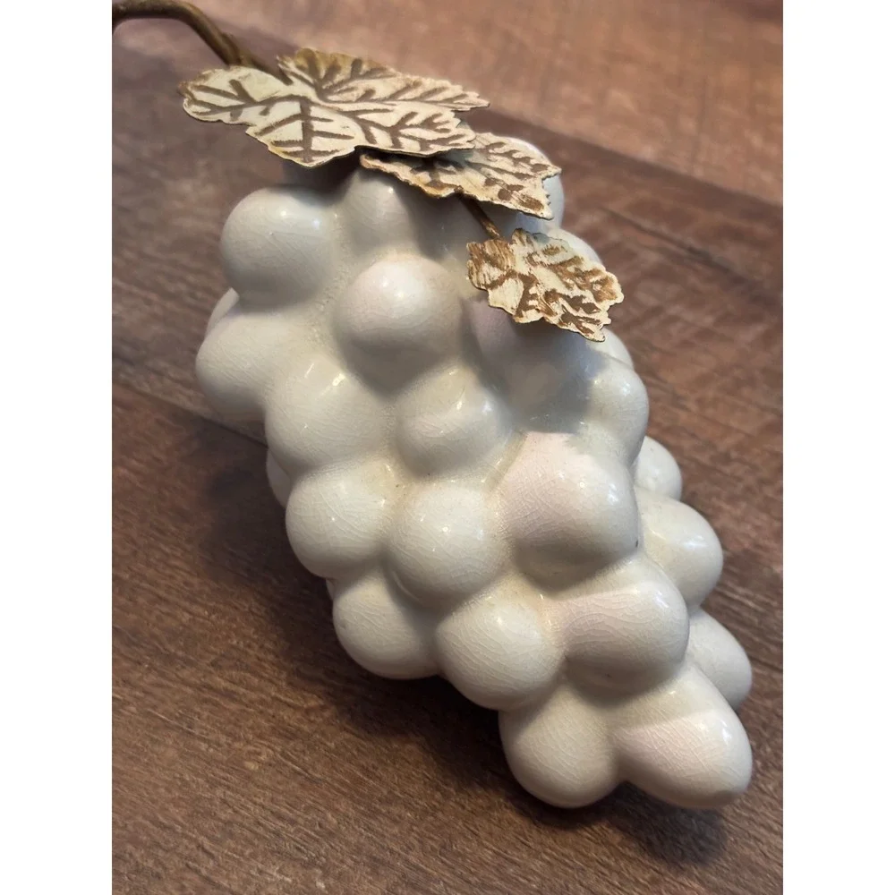 Vintage White Ceramic Crackle Glaze Fruit Set Apple and Grapes Metal Leaf Decor